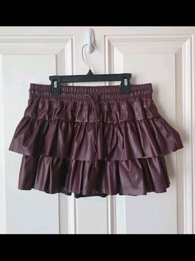 Tiered Faux Leather Mini Skirt in Deep Wine